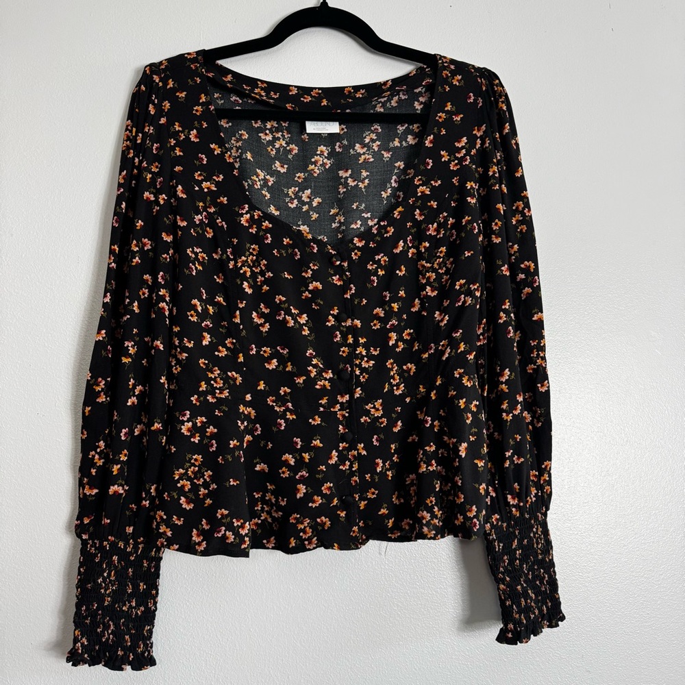 Abound Black Orange Floral Print Corset Style Long Sleeve Button Top Cottagecore